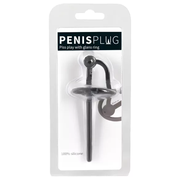 Hollow Silicone Urethral Plug with Glans Ring (Black)