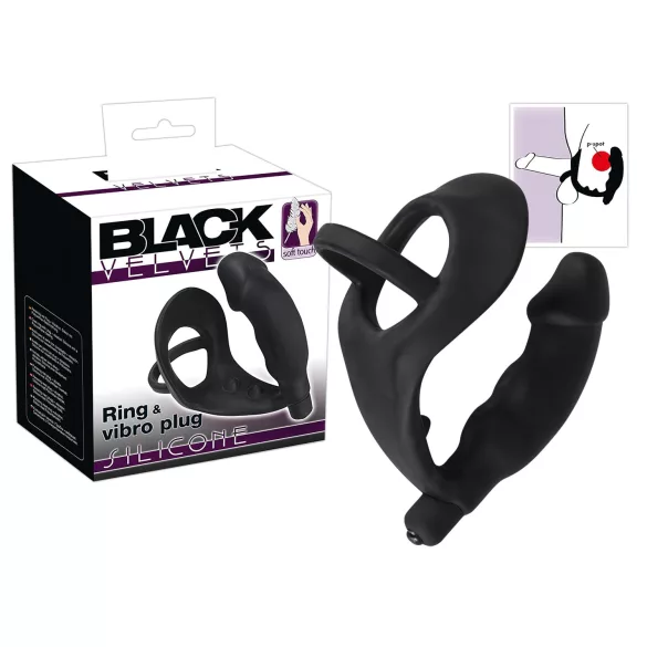 Black Velvet - Vibrating Anal Toy with Penis & Scrotum Rings (Black)