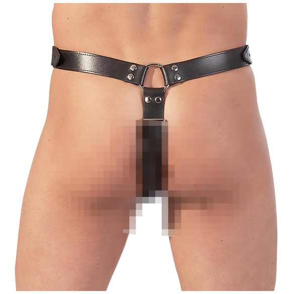 ZADO - Leather Thong with Dildo & 3 Penis Rings - L/XL