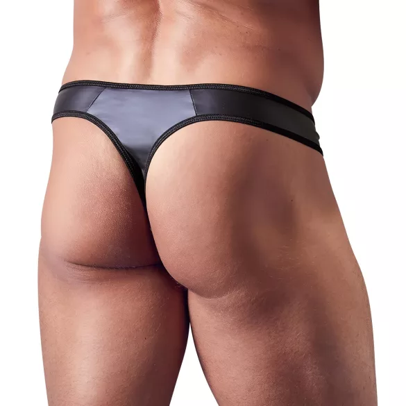 Svenjoyment - Shiny Men's Thong with Rhinestone Zipper (Black) - L
