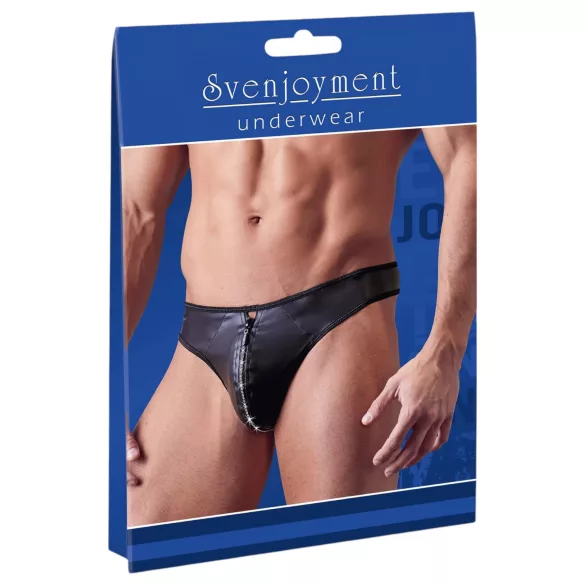 Svenjoyment - Shiny Men's Thong with Rhinestone Zipper (Black) - XL