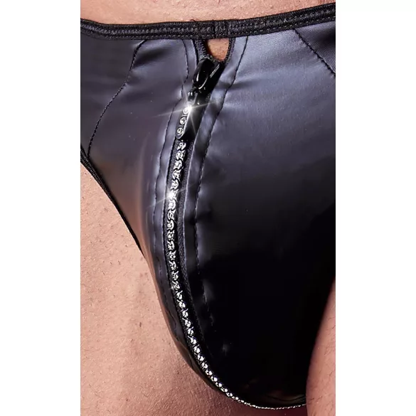 Svenjoyment - Shiny Men's Thong with Rhinestone Zipper (Black) - 2XL