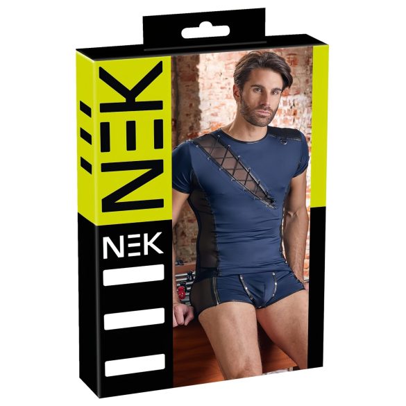 NEK - Men's Black Lace-Up Top with Fishnet Details (Blue)