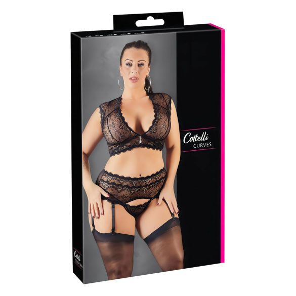 Cottelli Plus Size - Rhinestone Lace Lingerie Set (Black) - 2XL