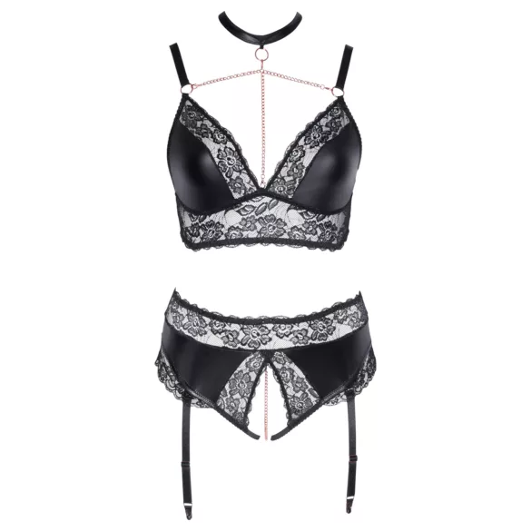 Cottelli Curves - Shiny Lingerie Set (Black) - 3XL