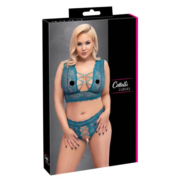Cottelli Curves - Lace Corset Lingerie Set (Blue)