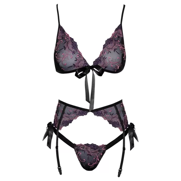 Kissable - Pink and Purple Embroidered Bra Set (Black)  - L/XL