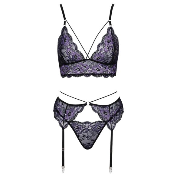 Cottelli - 3-Piece Lace Lingerie Set (Black-Violet) - XL