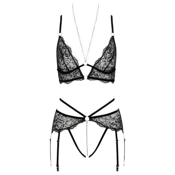 Abierta Fina - Black Lace Open Bra Set - L