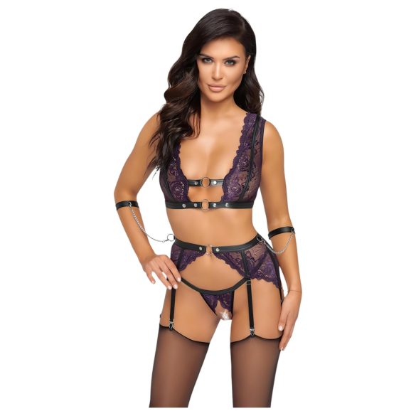 Cottelli Bondage - Lingerie Set with Handcuffs (Black-Purple) - L