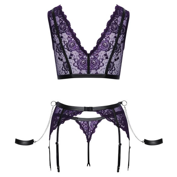 Cottelli Bondage - Lingerie Set with Handcuffs (Black-Purple) - L