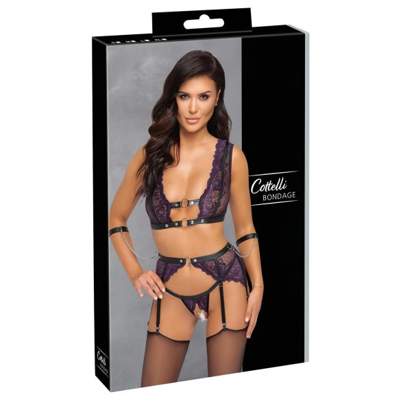 Cottelli Bondage - Lingerie Set with Handcuffs (Black-Purple) - XL