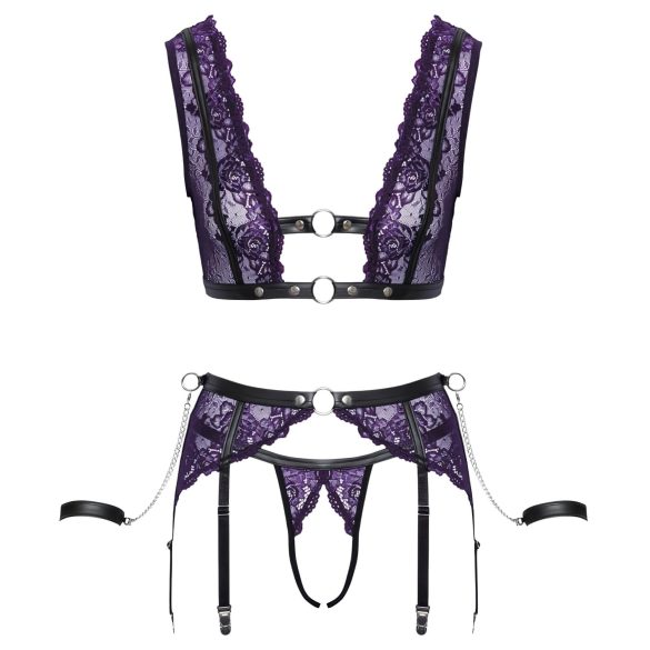 Cottelli Bondage - Lingerie Set with Handcuffs (Black-Purple) - XL