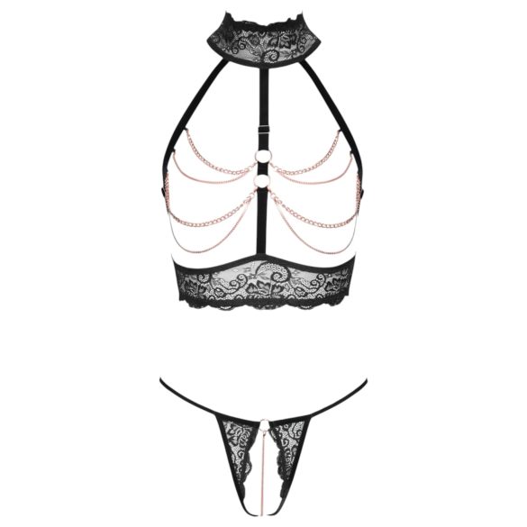 Abierta Fina - Chain Open Lingerie Set (Black) - M