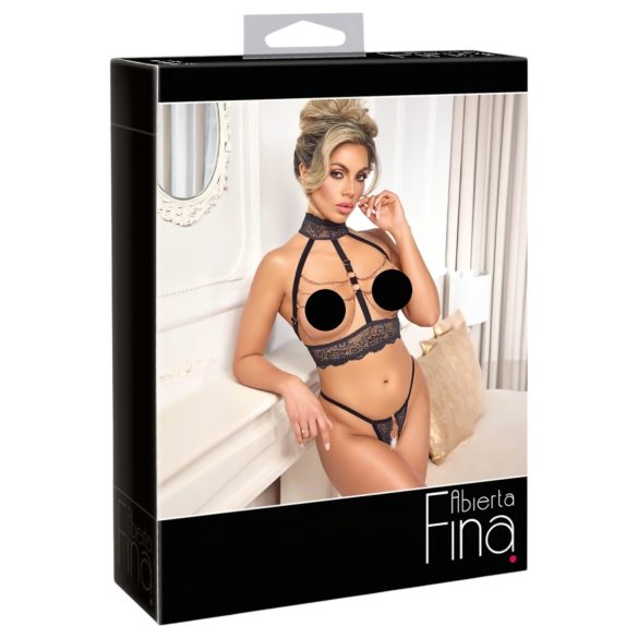 Abierta Fina - Chain Open Lingerie Set (Black) - L