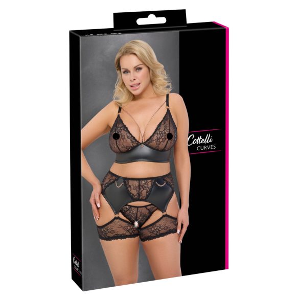 Cottelli Curves - Lace & Leather Accented Bra Set (Black)