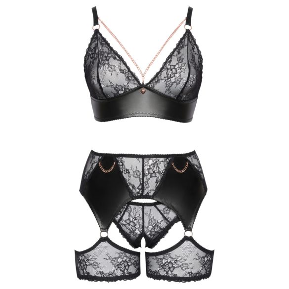 Cottelli Curves - Lace & Leather Accented Bra Set (Black)