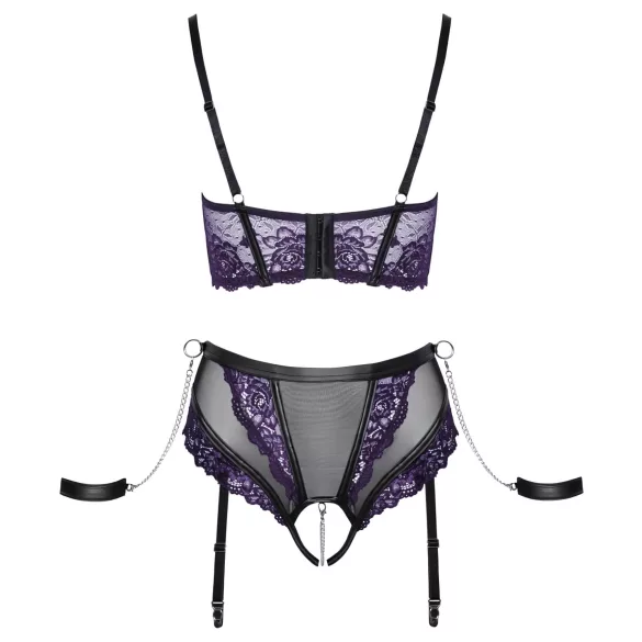 Cottelli Bondage - Bra Set & Wrist Cuffs (Black-Purple) - M