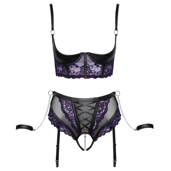 Cottelli Bondage - Bra Set & Wrist Cuffs (Black-Purple) - L