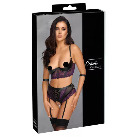 Cottelli Bondage - Bra Set & Wrist Cuffs (Black-Purple) - L