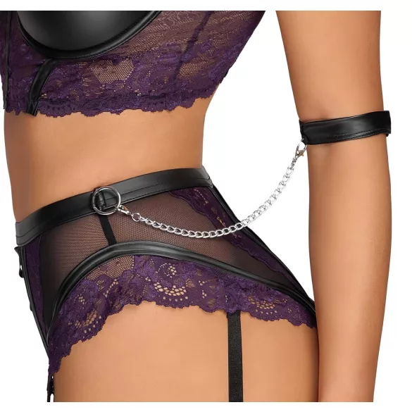 Cottelli Bondage - bra set and arm cuffs (black‑purple) - XL