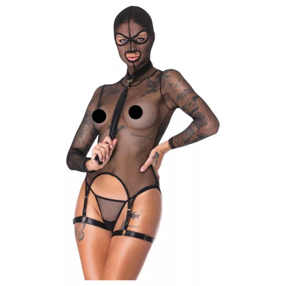 Bad Kitty - BDSM Sheer Fishnet Set with Whip (Black) - L