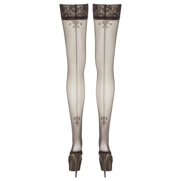 Cottelli - Black Thigh-Highs with Lily Pattern and Stripes
