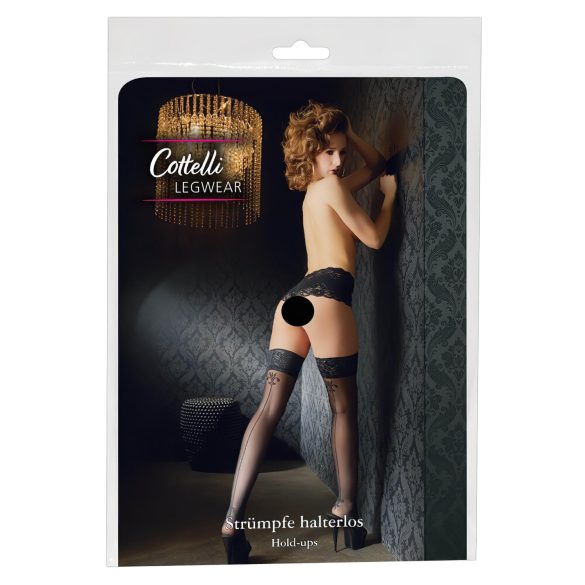 Cottelli - Black Thigh-Highs with Lily Pattern and Stripes - 3