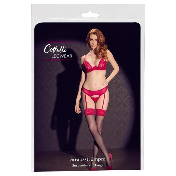 Cottelli - Black Stockings with Red Lace Trim - 8