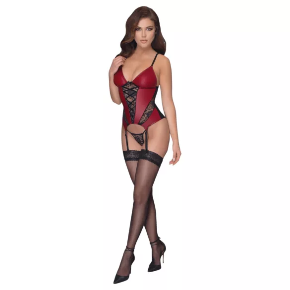 Cottelli - lace panel suspender corset with thong (red)