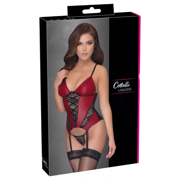 Cottelli - lace panel suspender corset with thong (red) - M