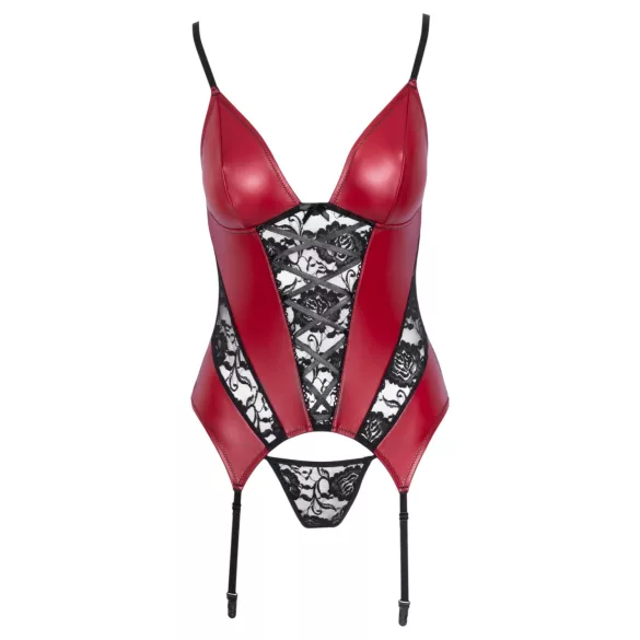 Cottelli - lace panel suspender corset with thong (red) - M