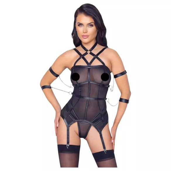 Cottelli Bondage - Strappy Top, Wrist Cuffs & Thong (Black)
