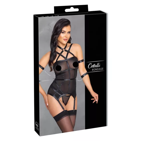Cottelli Bondage - Strappy Top, Wrist Cuffs & Thong (Black) - M