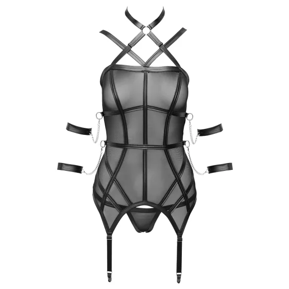 Cottelli Bondage - Strappy Top, Wrist Cuffs & Thong (Black) - L