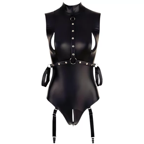 Cottelli Bondage - Shiny Sleeveless Bodysuit with Cuffs (Black)