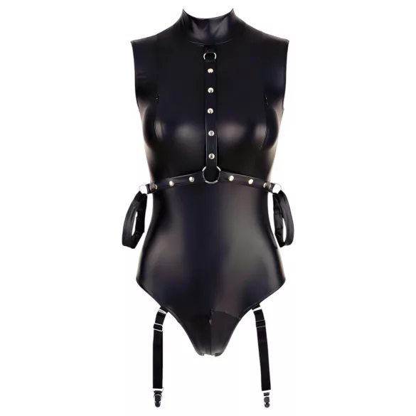 Cottelli Bondage - Shiny Sleeveless Bodysuit with Cuffs (Black) - M