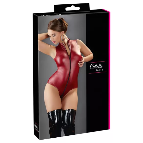 Cottelli Party - zip-up, sleeveless shiny bodysuit (red) - L