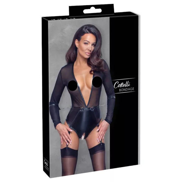 Cottelli - long-sleeved open body with cuffs (black) - M