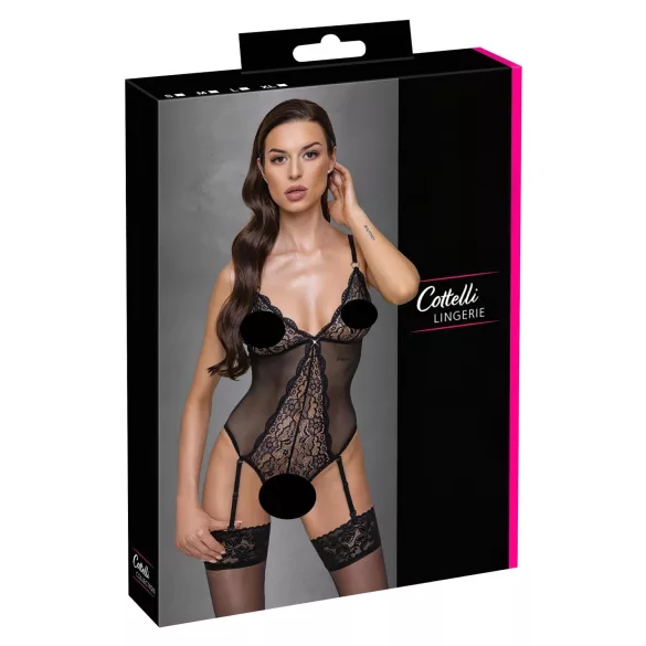 Cottelli - Lace Open-Back Black Bodysuit with Garter - L