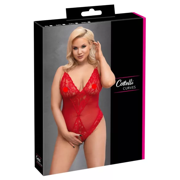 Cottelli Curves - Sheer Lace Bodysuit (Red) - 2XL