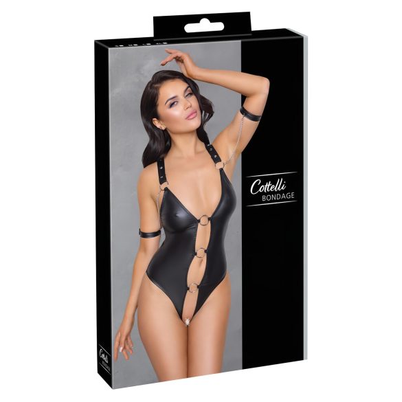 Cottelli Bondage - Shiny Black Open-Front Ringed Bodysuit - M