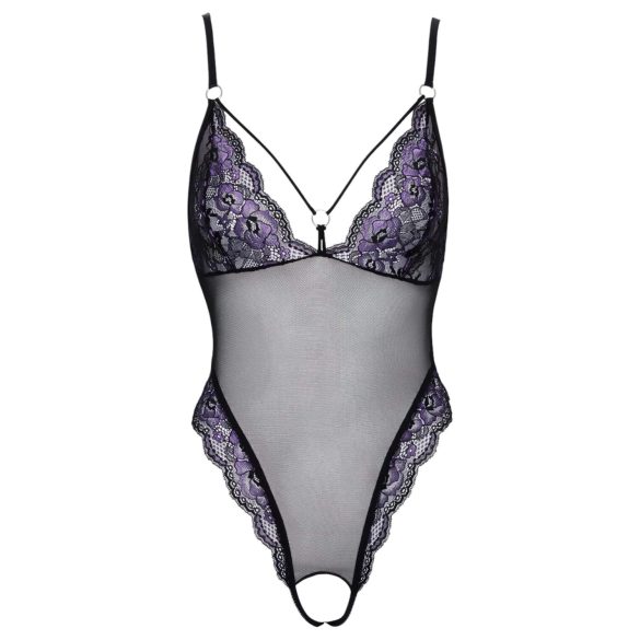 Cottelli - Embroidered Lace Bodysuit, Black & Purple (Open Design)
