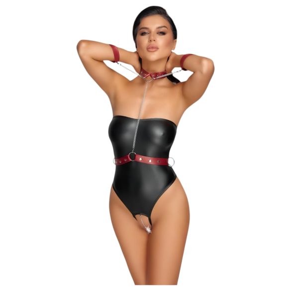 Cottelli Bondage - Shiny Black Bodysuit & Cuffs - M