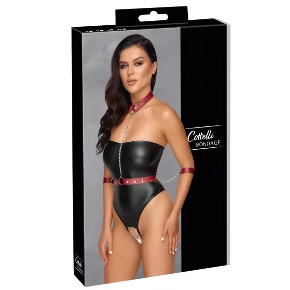Cottelli Bondage - shiny bodysuit with arm and neck restraints (black) - M