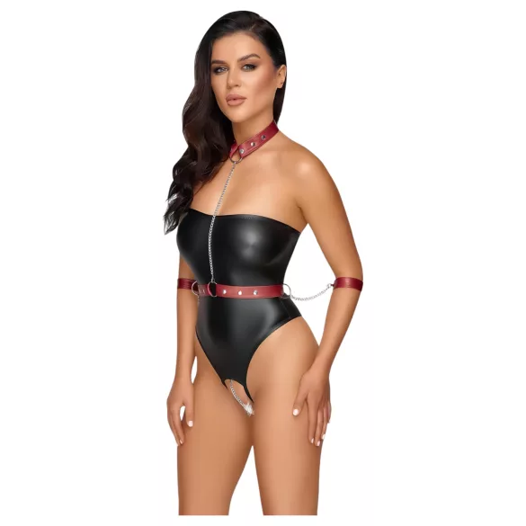 Cottelli Bondage - shiny bodysuit with arm and neck restraints (black) - M