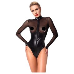Noir - Glossy Bodysuit with Sheer Insets (Black)