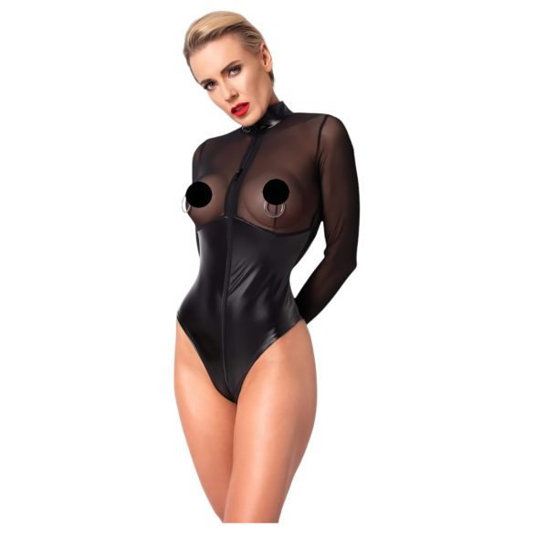 Noir - Glossy Bodysuit with Sheer Insets (Black) - XL