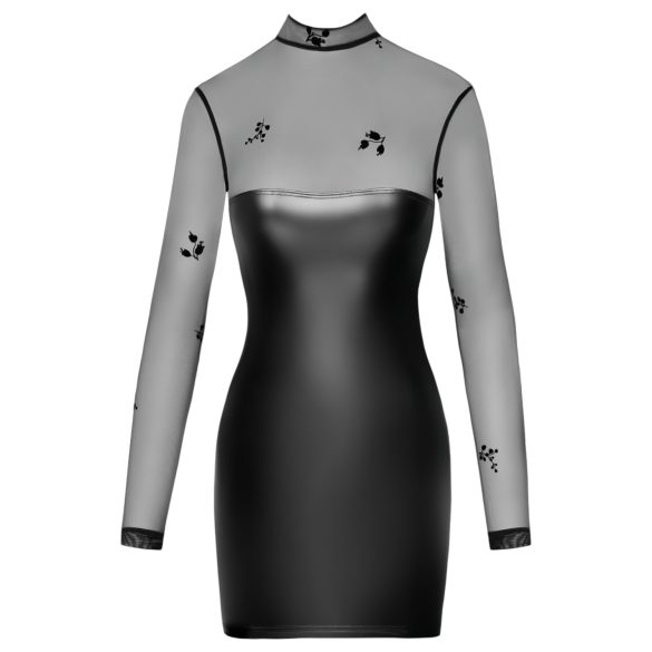 Noir - Black Glossy Dress with Sheer Top - M