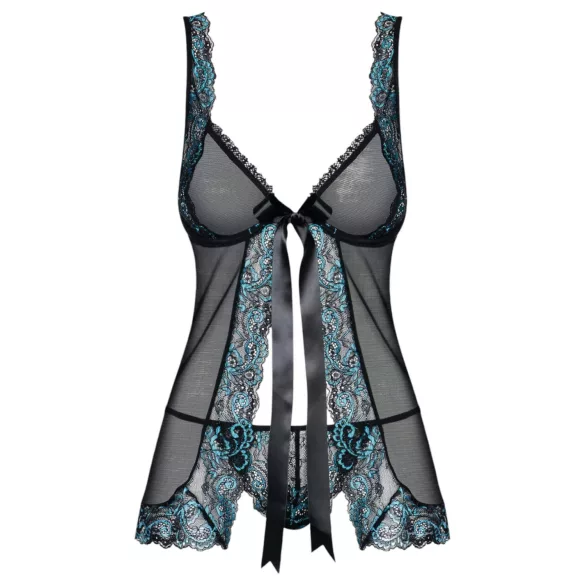 Obsessive Amanta - Embroidered Babydoll & Thong Set (Black-Turquoise) - L/XL